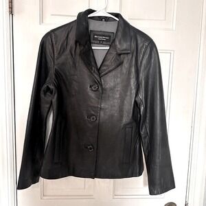 Beyond Sport Black Leather Blazer Jacket Button Front Career Black Size M